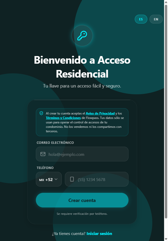 Pantalla de registro de FlowPass: correo o teléfono, contraseña y selector de idioma