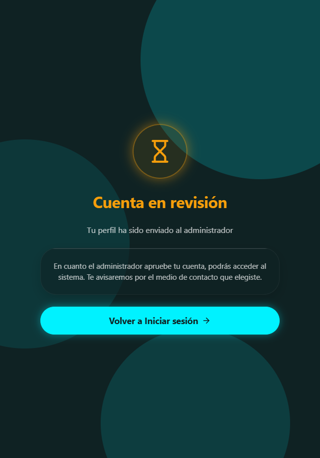 Pantalla de cuenta en revisión, esperando la aprobación del administrador