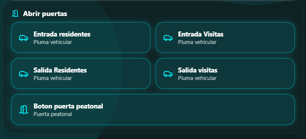 Sección Abrir puertas con botones para plumas vehiculares y puerta peatonal