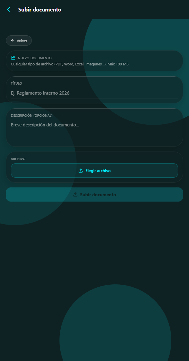 Formulario para subir un documento: título, descripción y selector de archivo