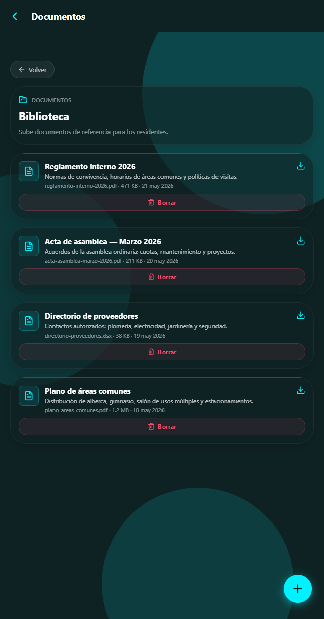 Biblioteca de documentos vista por el administrador, con botón Borrar y botón flotante de subir