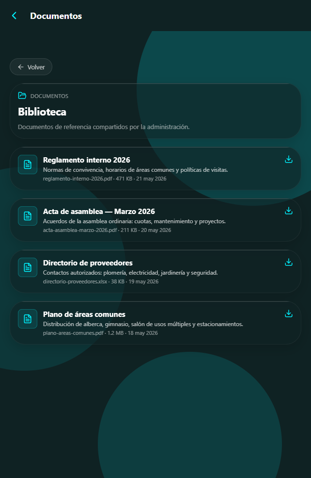 Biblioteca de documentos en la app del residente — sólo ver y descargar