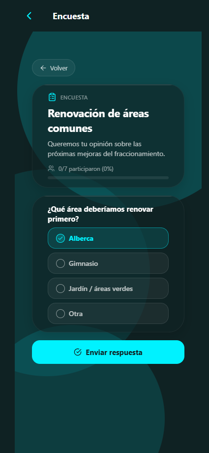 Pantalla para responder una encuesta con opciones seleccionables y el botón Enviar respuesta