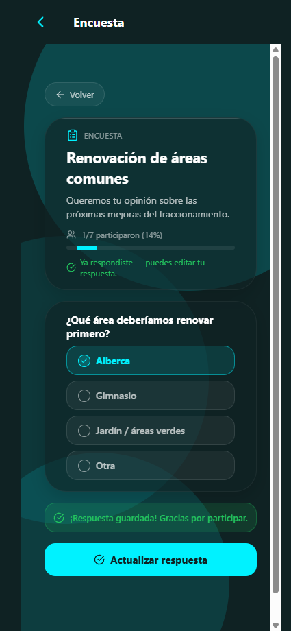 Encuesta ya respondida, mostrando que puedes editar tu respuesta mientras siga abierta